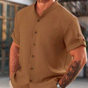 Men's Plus Size Collarless Button Up